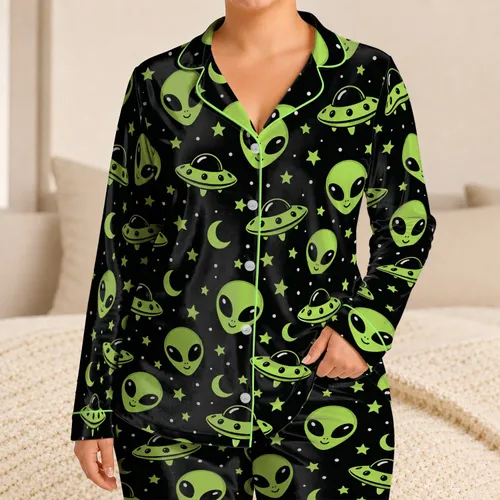 Lime Green Alien UFO Night Sky for Cozy Movie Nights and Playful Lounging Satin Pajamas Set