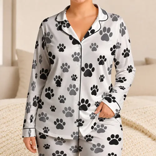 Black Paw Prints for Cozy Everyday Lounging and Pet Lover Comfort Satin Pajamas Set