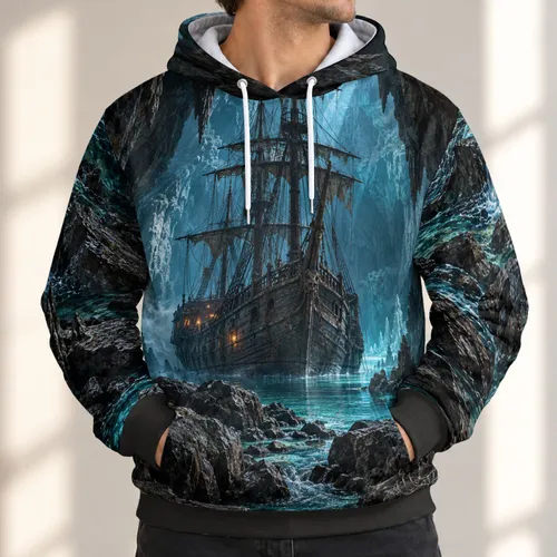 Pirate Shipwreck in Hidden Sea Cave for Dark Adventure Outings and Coastal Explorers All-over Print Hoodie (Lightweight)