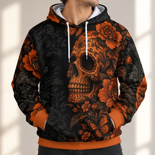 Orange Sugar Skull Butterflies And Florals For Gothic Festival Weekend Outings All-over Print Hoodie (Lightweight)