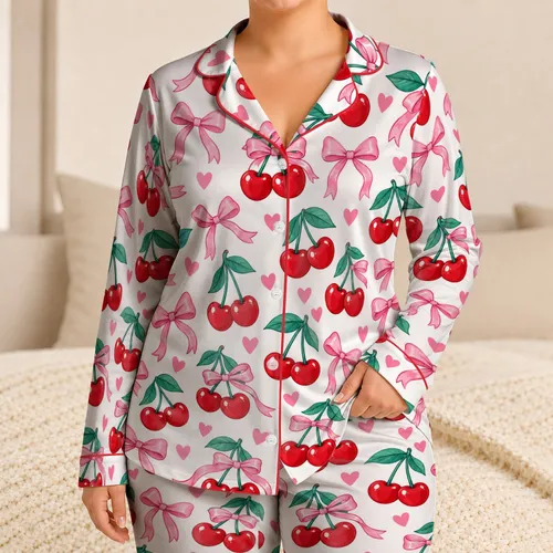Cherry And Pink Bow Motifs For Cozy Evenings And Relaxed Weekend Lounging Satin Pajamas Set