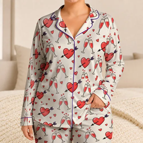 Heart Arrows and Champagne Flutes for Romantic Celebrations and Cozy Evenings at Home Satin Pajamas Set