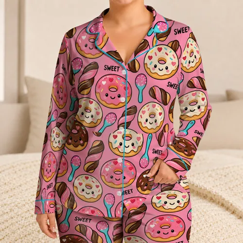 Pink Kawaii Donut Treats for Cozy Sweet-Tooth Lounging and Cheerful Dessert Lovers Satin Pajamas Set