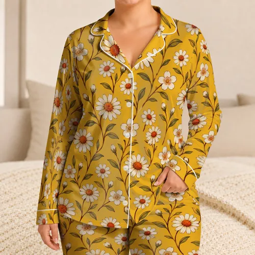 Turmeric Gold Daisies and Wildflowers for Sunny Summer Mornings and Cozy Evenings Satin Pajamas Set