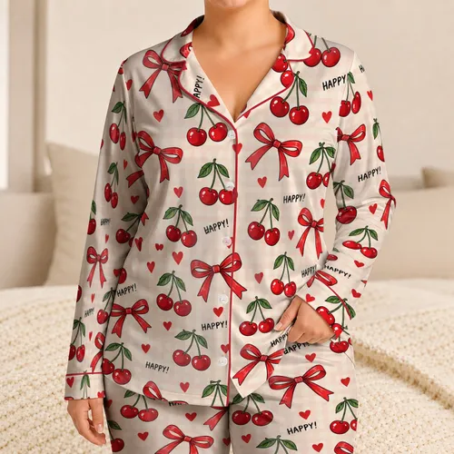 Cherry Bows And Twin Cherries For Cozy Holiday Evenings And Everyday Relaxation Satin Pajamas Set