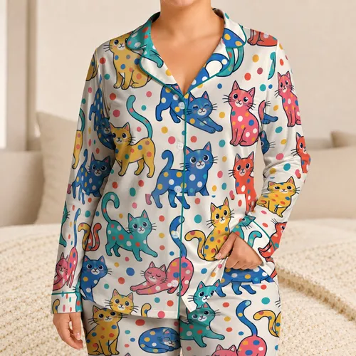 Colorful Polka Dot Cats for Cozy Home Lounging and Playful Summer Days for Women Satin Pajamas Set