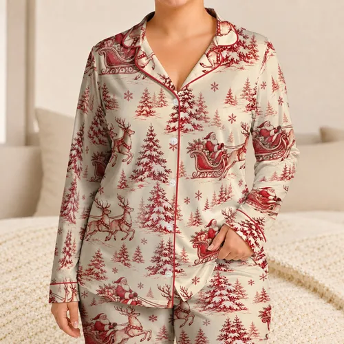 Santa Sleigh and Leaping Reindeer for Cozy Christmas Holiday Mornings Satin Pajamas Set