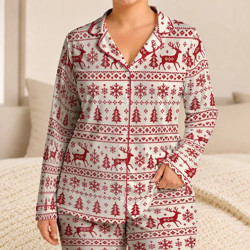 Red Nordic Reindeer, Fir Trees And Snowflakes For Cozy Christmas Holiday Celebrations Satin Pajamas Set