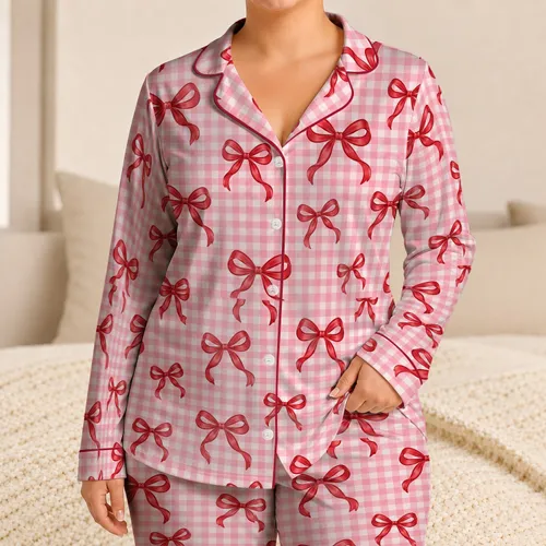 Pink Gingham Red Bows for Cozy Evenings and Charming Valentine Gift Style for Her Satin Pajamas Set