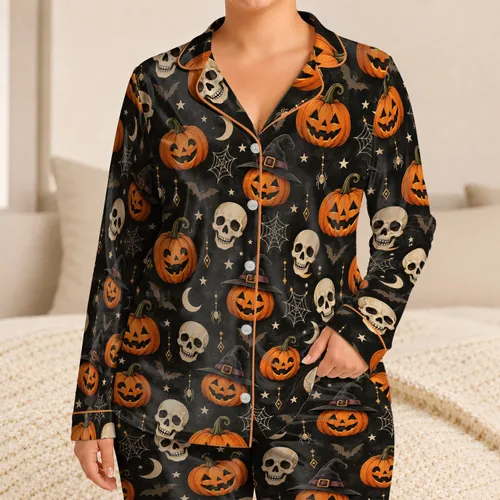Halloween Pumpkin Skull Motifs for Cozy October Nights and Spooky Seasonal Family Fun Satin Pajamas Set