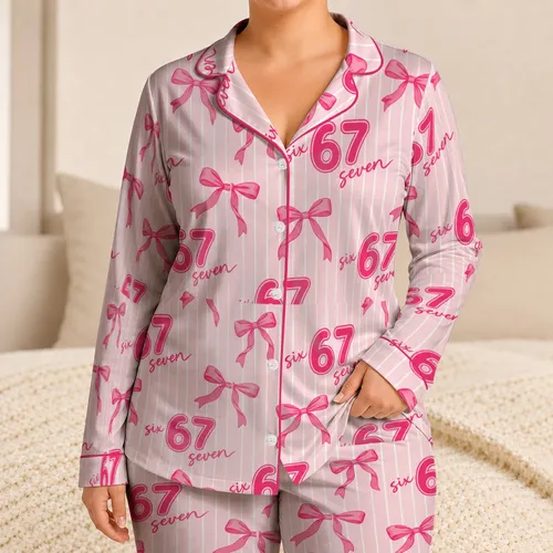 Pink Number 67 Bows and Stripes for Birthday Sleepovers and Cozy Kids’ Evenings Satin Pajamas Set