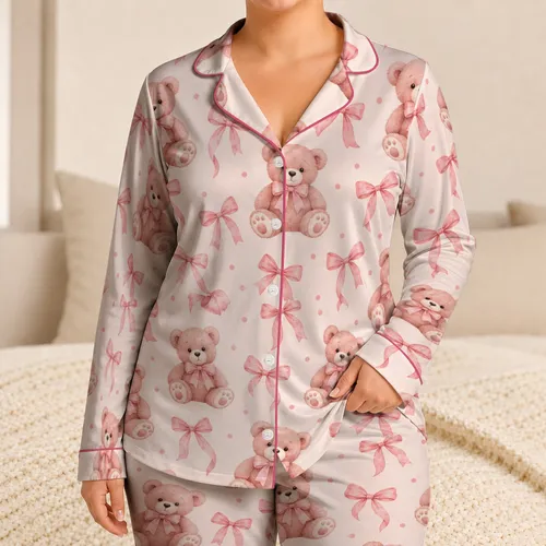 Pink Teddy Bears And Satin Bows For Cozy Family Lounging And Sweet Gift Moments At Home Satin Pajamas Set