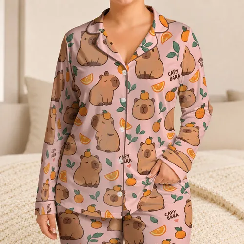Blush Capybara And Citrus Scenes For Cozy Holiday Mornings And Happy Kids Satin Pajamas Set