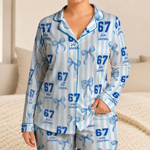 Blue 67 Numbers and Ribbon Bows for Cozy Birthday Mornings and Playful Kids Satin Pajamas Set