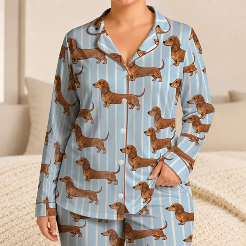 Cinnamon Dachshunds With Blue Stripes For Cozy Lounging And Dog Lovers Satin Pajamas Set