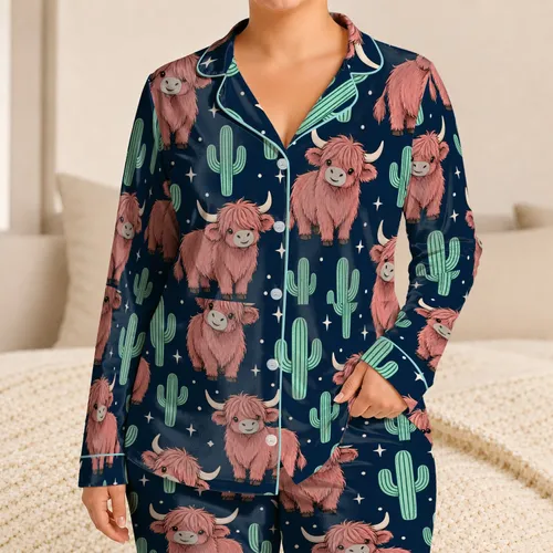 Playful Highland Cow And Cactus Motifs For Cozy Nights And Cheerful Ranch-Inspired Gifts Satin Pajamas Set
