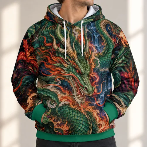 Emerald Dragon And Tropical Flames For Bold Fantasy Streetwear Enthusiasts All-over Print Hoodie (Lightweight)