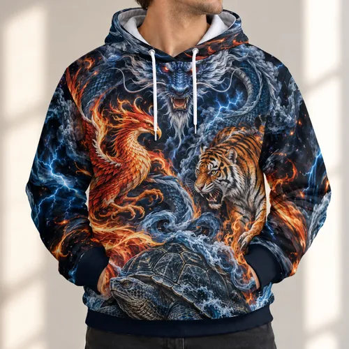 Mythical Dragon Phoenix Tiger Turtle Art for Bold Festival Nights and Streetwear Fans All-over Print Hoodie (Lightweight)
