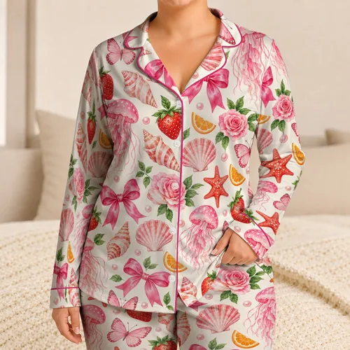 Pink Coastal Bows, Shells And Strawberries For Sweet Summer Holiday Lounging Days Satin Pajamas Set