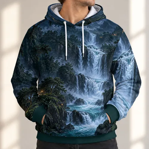 Nighttime Waterfall Valley for Scenic Outdoor Adventures and Nature Lovers All-over Print Hoodie (Lightweight)