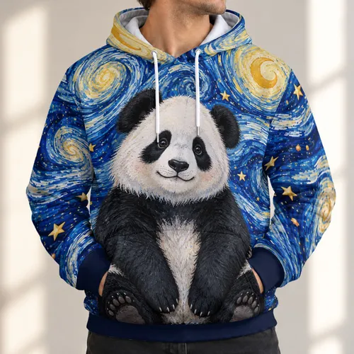 Starry Sky Panda Beneath Golden Cosmic Whirls for Relaxed Weekend Outdoor Adventures All-over Print Hoodie (Lightweight)