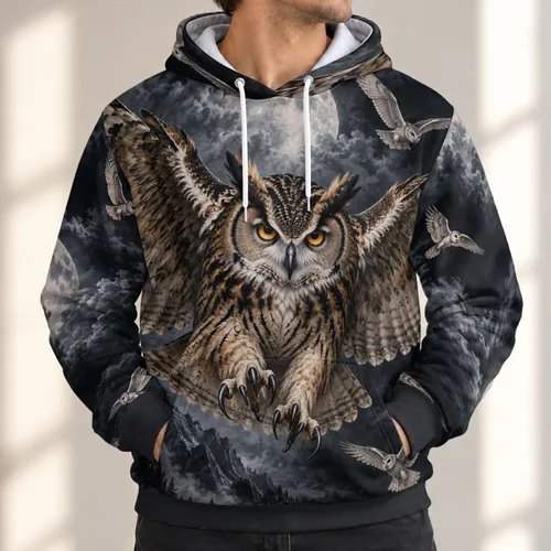 Owl in Moonlit Flight with Small Birds for Nature Lovers and Night Sky Enthusiasts All-over Print Hoodie (Lightweight)