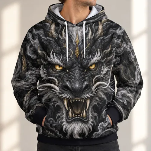 Black Dragon Face With Silver Flames For Bold Everyday Fantasy Style All-over Print Hoodie (Lightweight)