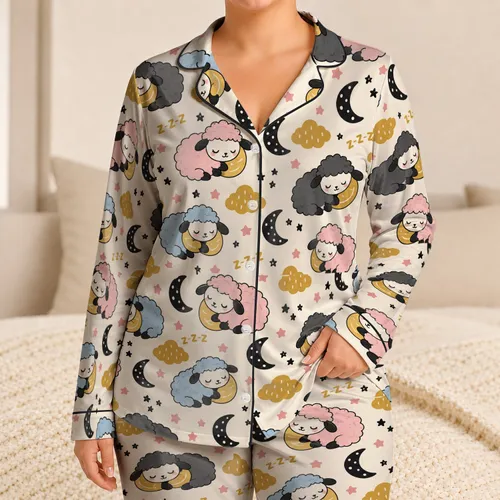 Sleeping Sheep, Moon And Cloud Motifs For Cozy Bedtime Gifting For Women Satin Pajamas Set