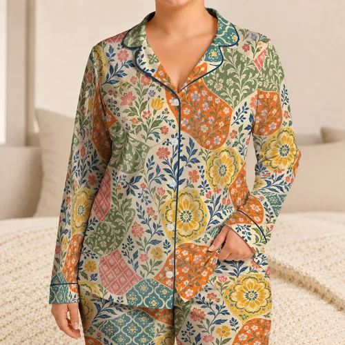 Colorful Floral Patchwork Motifs for Cozy Home Lounging and Relaxed Evenings at Home Satin Pajamas Set