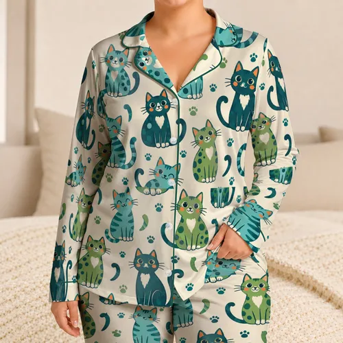 Playful Green Cat Faces for Cozy Evenings and Whimsical Relaxed Lounging at Home Satin Pajamas Set