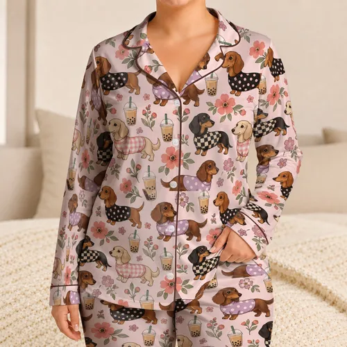 Dachshund Pearl Milk Tea Motifs for Cozy Lounging and Relaxed Evenings Satin Pajamas Set