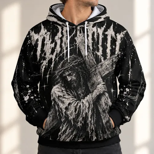 Monochrome Cross-Bearing Savior for Faithful Everyday Streetwear and Worship Gatherings All-over Print Hoodie (Lightweight)