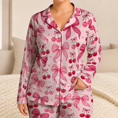 Cherry And Ribbon Bow Motifs For Sweet Cozy Evenings And Relaxed At-Home Style For Her Satin Pajamas Set