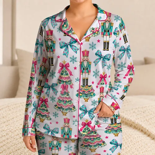 Nutcracker And Christmas Tree Holiday Cheer For Festive Winter Lounging Satin Pajamas Set
