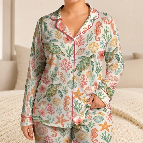 Pastel Sea Turtles, Starfish and Seahorses for Romantic Coastal Escapes Satin Pajamas Set