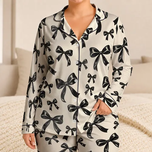 Black Ribbon Bows on Cream for Elegant Relaxed Evenings and Cozy At-Home Lounging Satin Pajamas Set