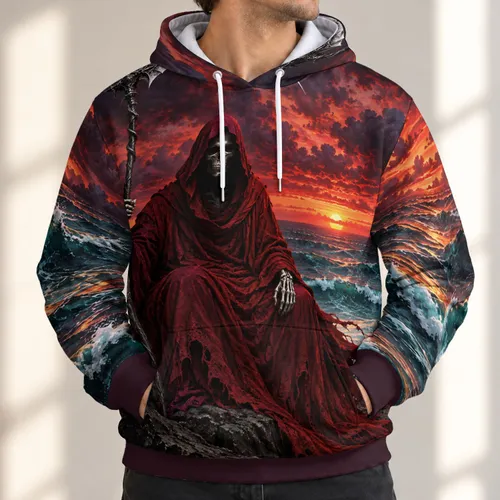 Crimson Grim Reaper at Sea Sunset for Dark Fantasy Fans and Halloween Nights All-over Print Hoodie (Lightweight)