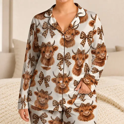 Highland Cow And Leopard Bows For Cozy Spring Getaways And Romantic Gift Giving Satin Pajamas Set