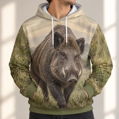 Realistic Wild Boar in Meadow for Outdoor Adventure and Wildlife Enthusiasts and Nature Lovers All-over Print Hoodie (Lightweight)