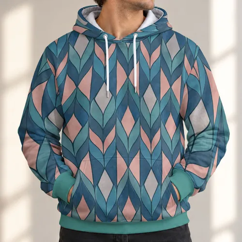 Teal Pink Geometric Rhombus Motif for Relaxed Weekend Casual Wear All-over Print Hoodie (Lightweight)