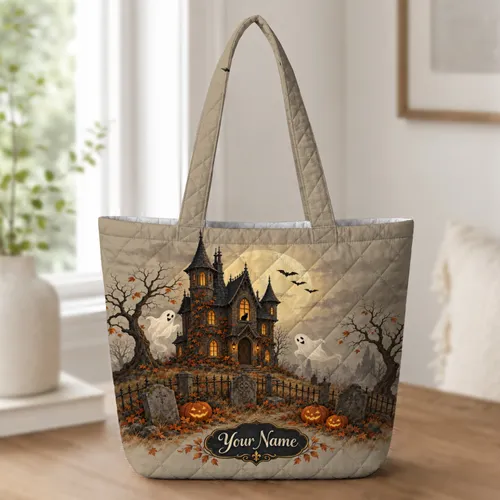 Haunted House, Ghosts And Pumpkins For Halloween Night Trick Or Treat Adventures Gift Quilted Tote Bag