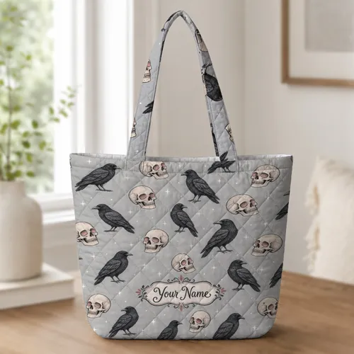 Crow and Skull Gothic Halloween Gift for Raven Lovers and Dark Academia Fans Quilted Tote Bag