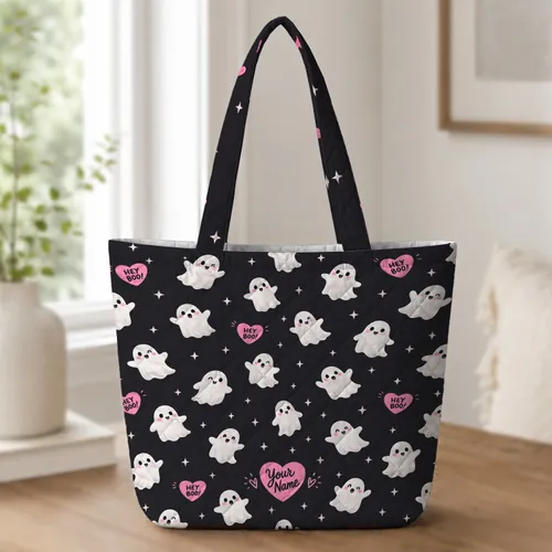 Cute White Ghosts and Pink Hearts for Halloween Grocery Runs and Everyday Errands Quilted Tote Bag