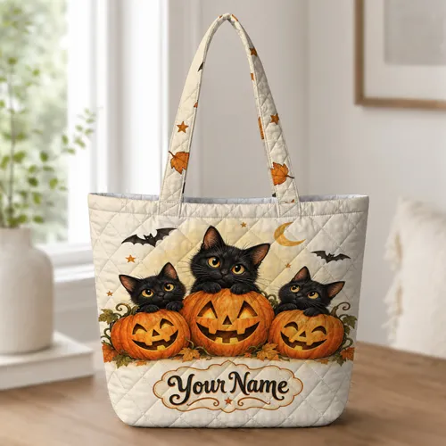 Black Cats and Jack-o'-Lanterns for Halloween Trick-or-Treating Gifts for Cat Lovers Quilted Tote Bag