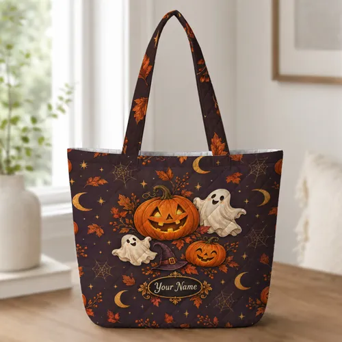 Halloween Pumpkins, Ghosts & Witch Hat for Autumn Market Days and October Gifting Quilted Tote Bag