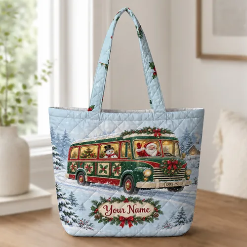 Christmas Santa Bus Holiday Travel Keepsake for Festive Winter Road Trips and Gifts Quilted Tote Bag