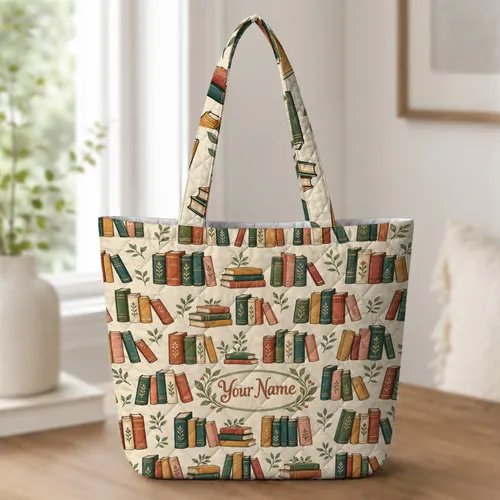 Vintage Bookshelf Botanicals for Classroom Reading and a Thoughtful Teacher Gift Keepsake Quilted Tote Bag