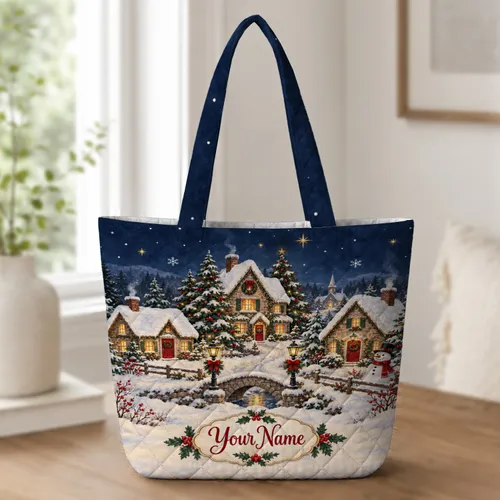 Christmas Winter Village With Snowman for Cozy Holiday Gifting and Seasonal Errands Quilted Tote Bag