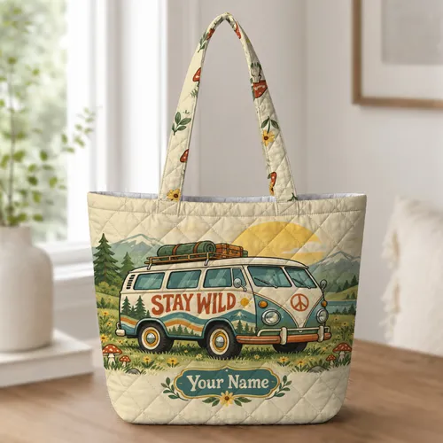Retro Camper Van Mushroom Meadow for Weekend Camping Adventure and Travel Gifts for Her Quilted Tote Bag