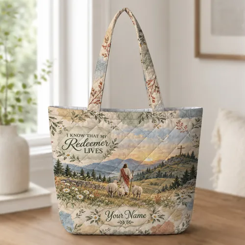 Jesus Shepherd Cross And Sunrise Christian Faith Gift For Sunday School Believers Quilted Tote Bag